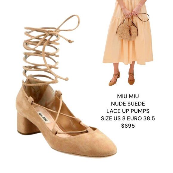 Miu Miu Shoes - MIU MIU NUDE BEIGE SUEDE LACE UP PUMPS SIZE US 8 EURO 38.5 MADE IN ITALY $695